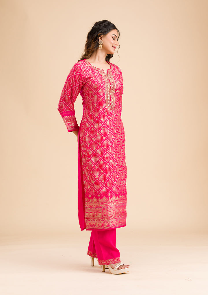 Rani Pink Zariwork Semi Crepe Readymade Salwar Suit