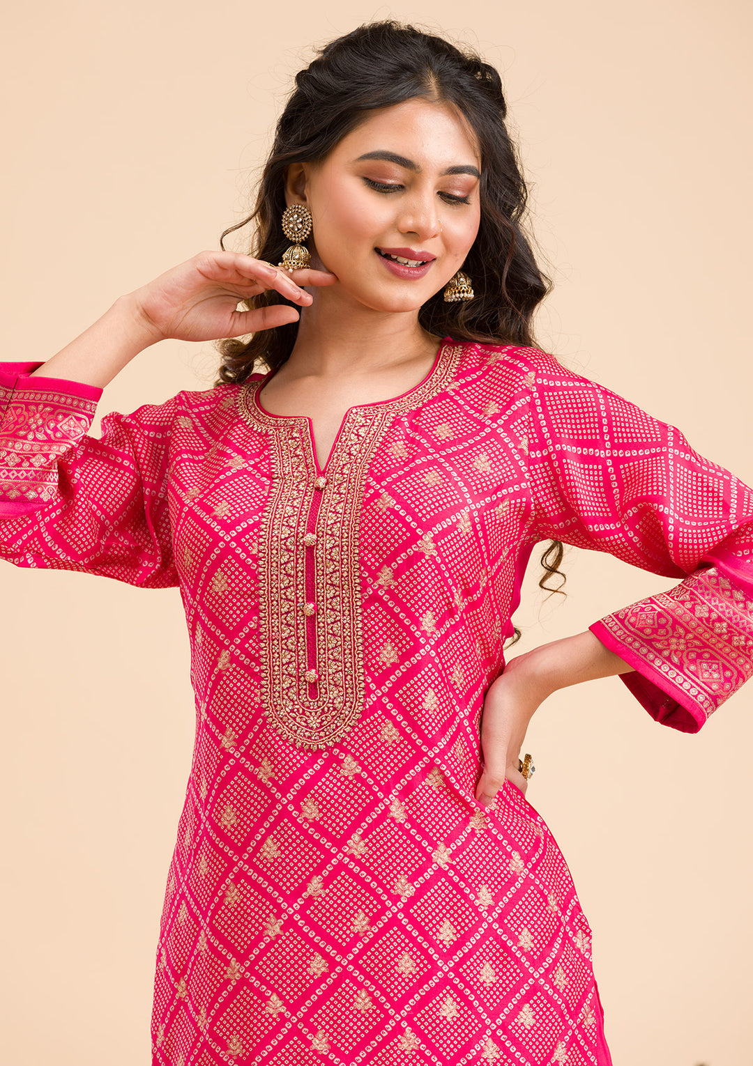 Rani Pink Zariwork Semi Crepe Readymade Salwar Suit