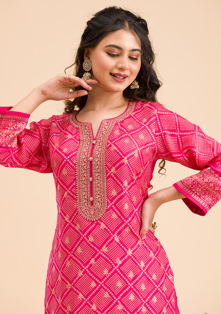 Rani Pink Zariwork Semi Crepe Readymade Salwar Suit