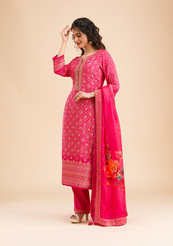 Rani Pink Zariwork Semi Crepe Readymade Salwar Suit