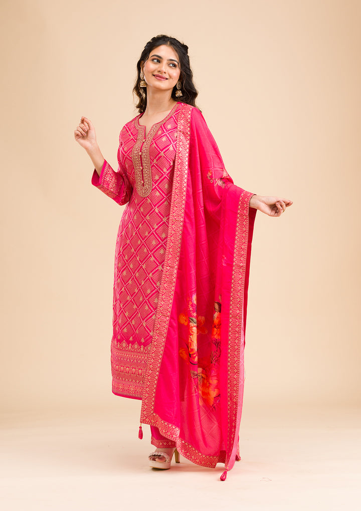 Rani Pink Zariwork Semi Crepe Readymade Salwar Suit