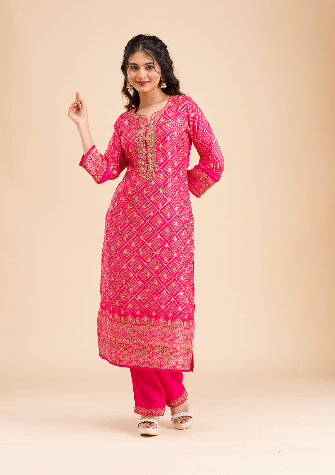 Rani Pink Zariwork Semi Crepe Readymade Salwar Suit