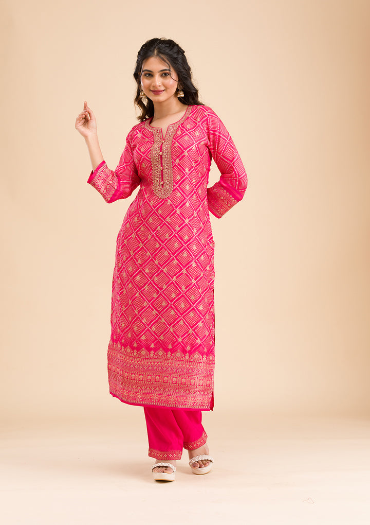 Rani Pink Zariwork Semi Crepe Readymade Salwar Suit
