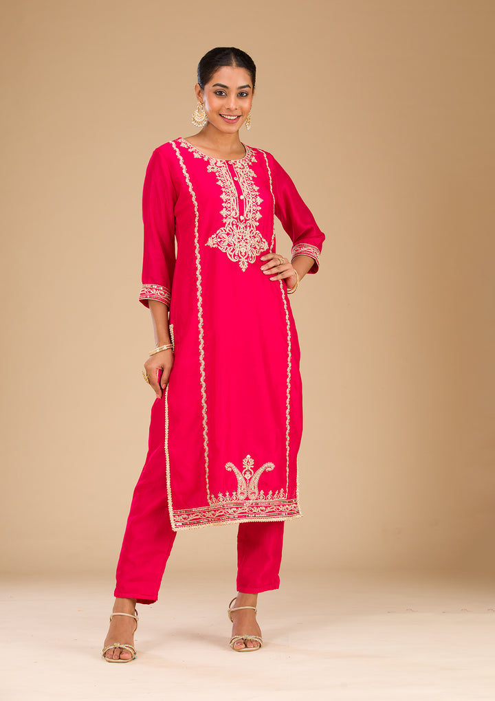 Rani Pink Zariwork Semi Crepe Readymade Salwar Suit