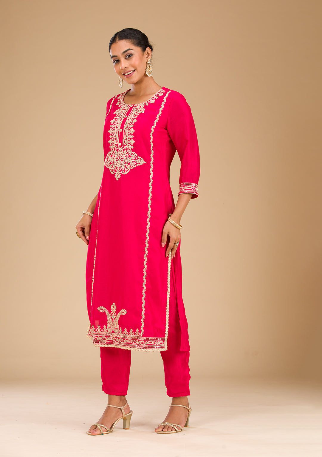 Rani Pink Zariwork Semi Crepe Readymade Salwar Suit