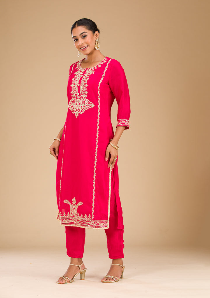 Rani Pink Zariwork Semi Crepe Readymade Salwar Suit