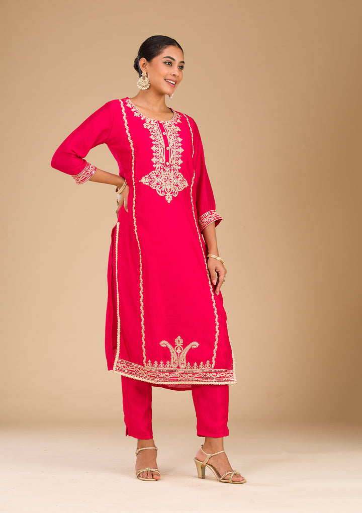 Rani Pink Zariwork Semi Crepe Readymade Salwar Suit