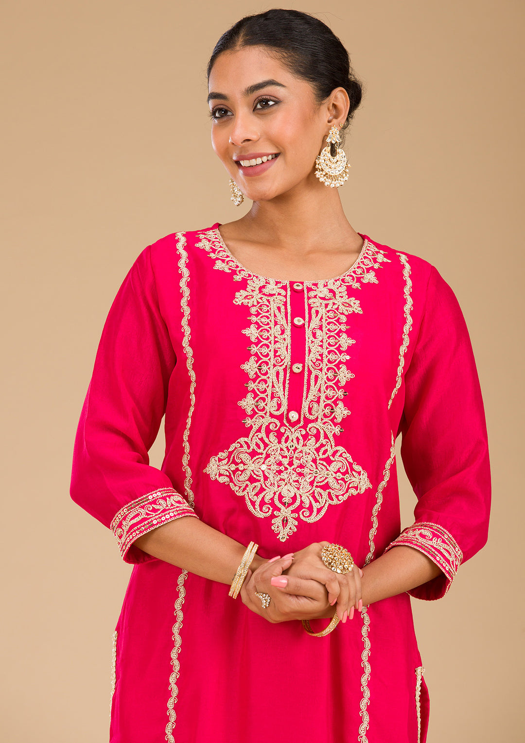 Rani Pink Zariwork Semi Crepe Readymade Salwar Suit