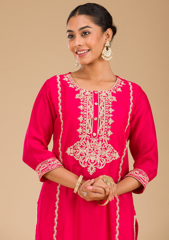 Rani Pink Zariwork Semi Crepe Readymade Salwar Suit