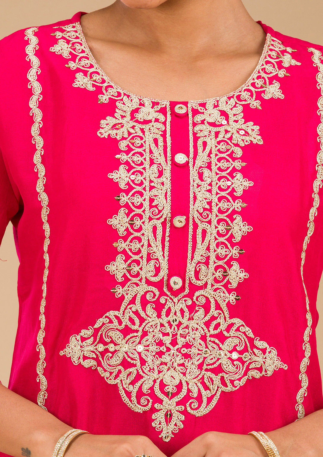 Rani Pink Zariwork Semi Crepe Readymade Salwar Suit