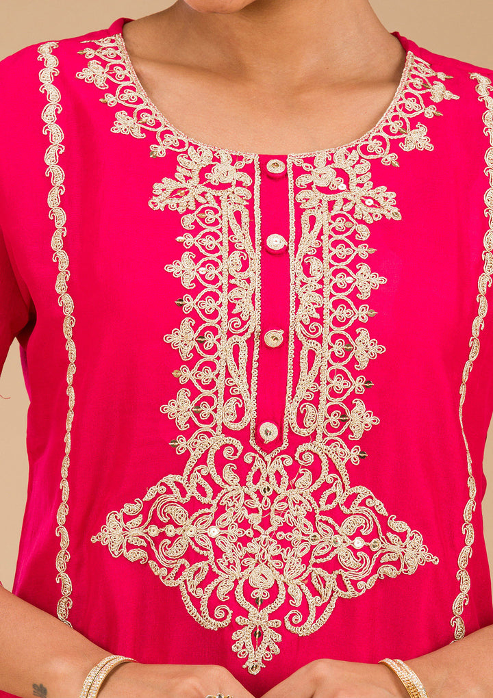Rani Pink Zariwork Semi Crepe Readymade Salwar Suit
