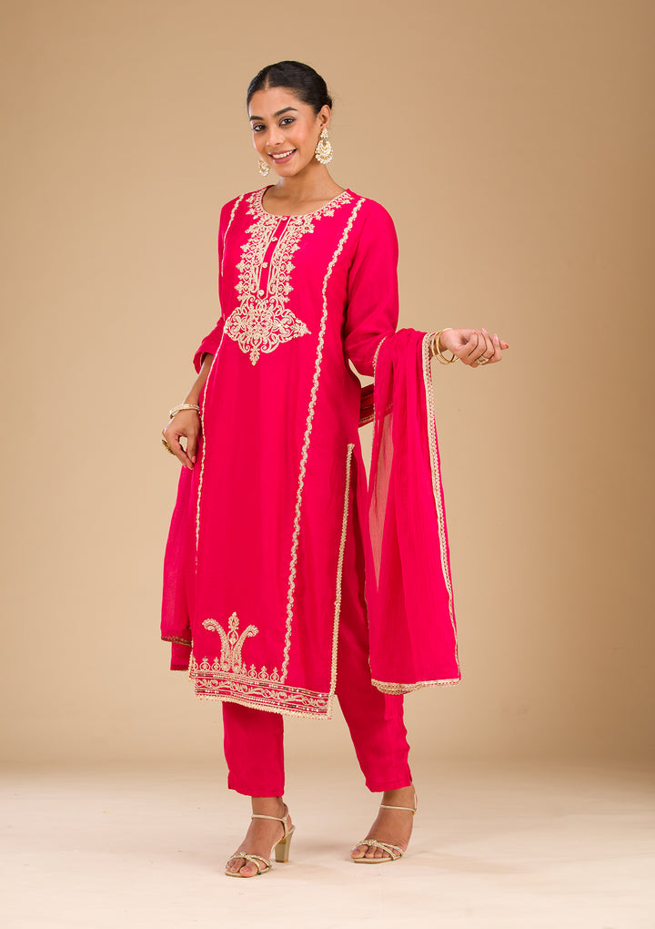 Rani Pink Zariwork Semi Crepe Readymade Salwar Suit