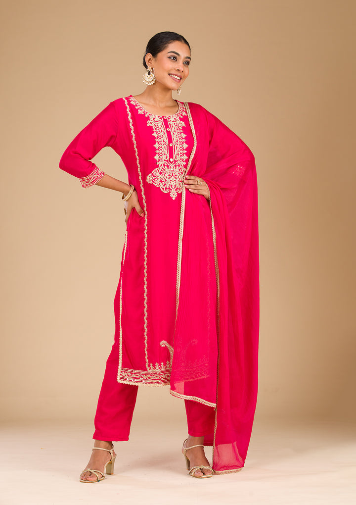 Rani Pink Zariwork Semi Crepe Readymade Salwar Suit