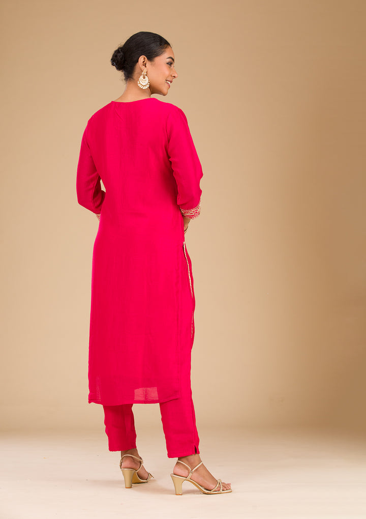 Rani Pink Zariwork Semi Crepe Readymade Salwar Suit