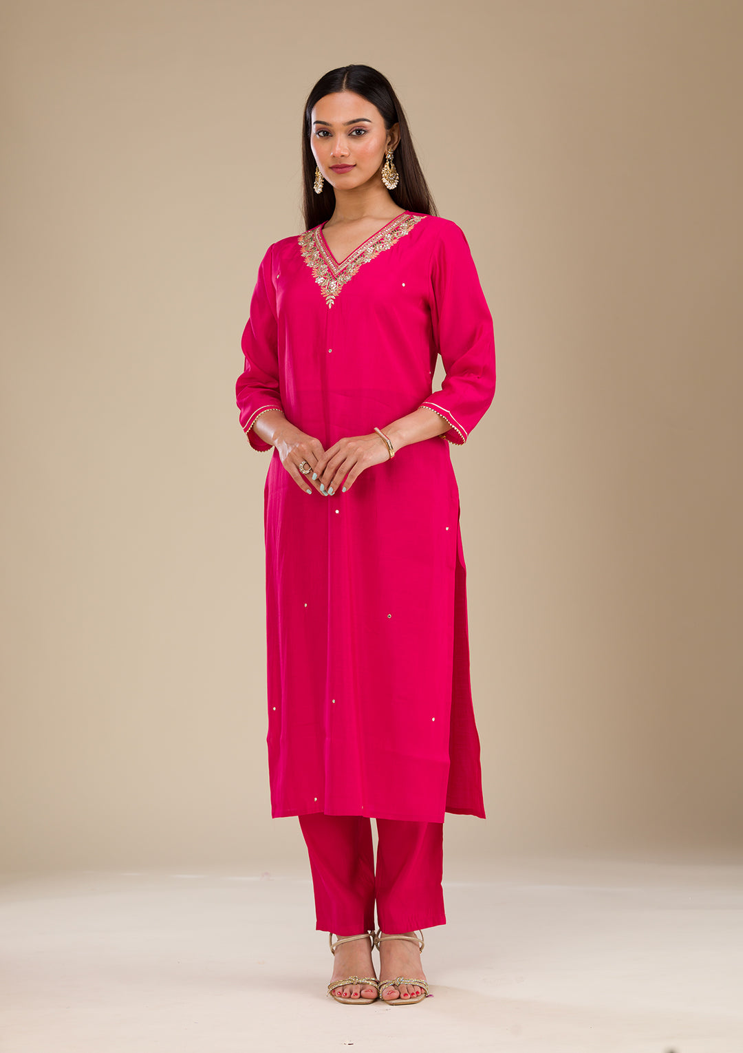 Rani Pink Zariwork Semi Crepe Readymade Salwar Suit