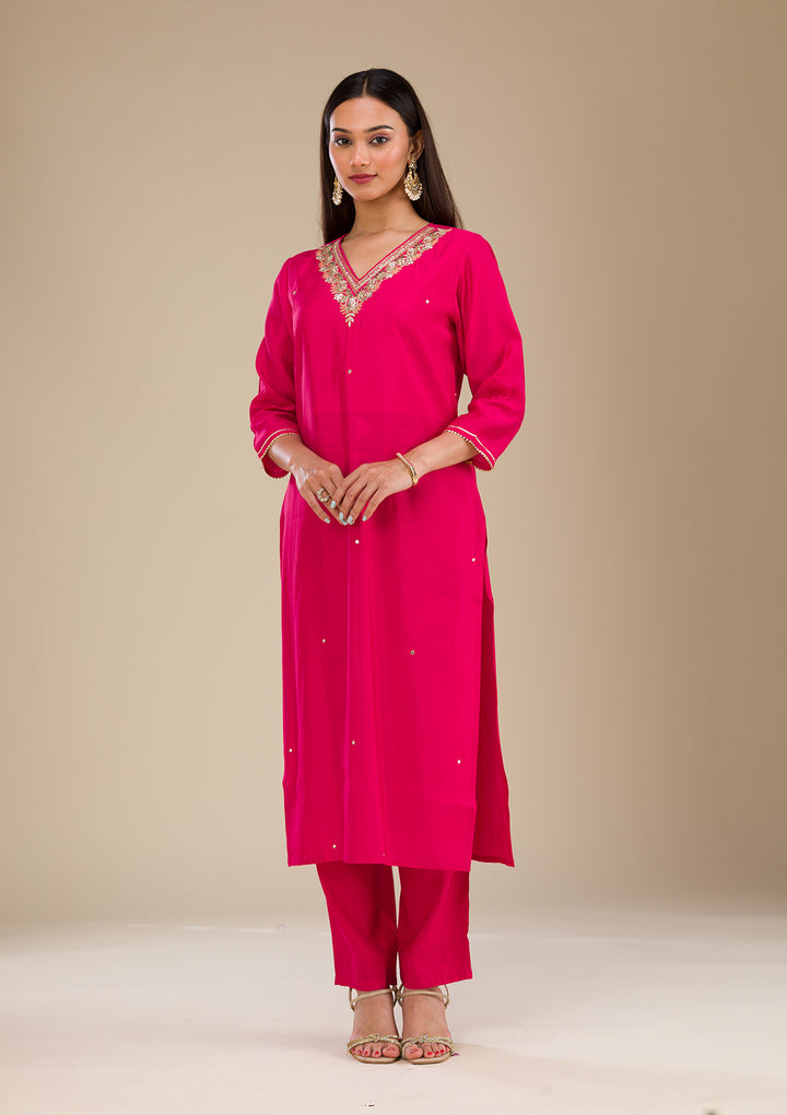 Rani Pink Zariwork Semi Crepe Readymade Salwar Suit