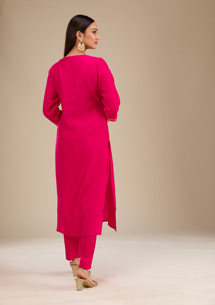 Rani Pink Zariwork Semi Crepe Readymade Salwar Suit