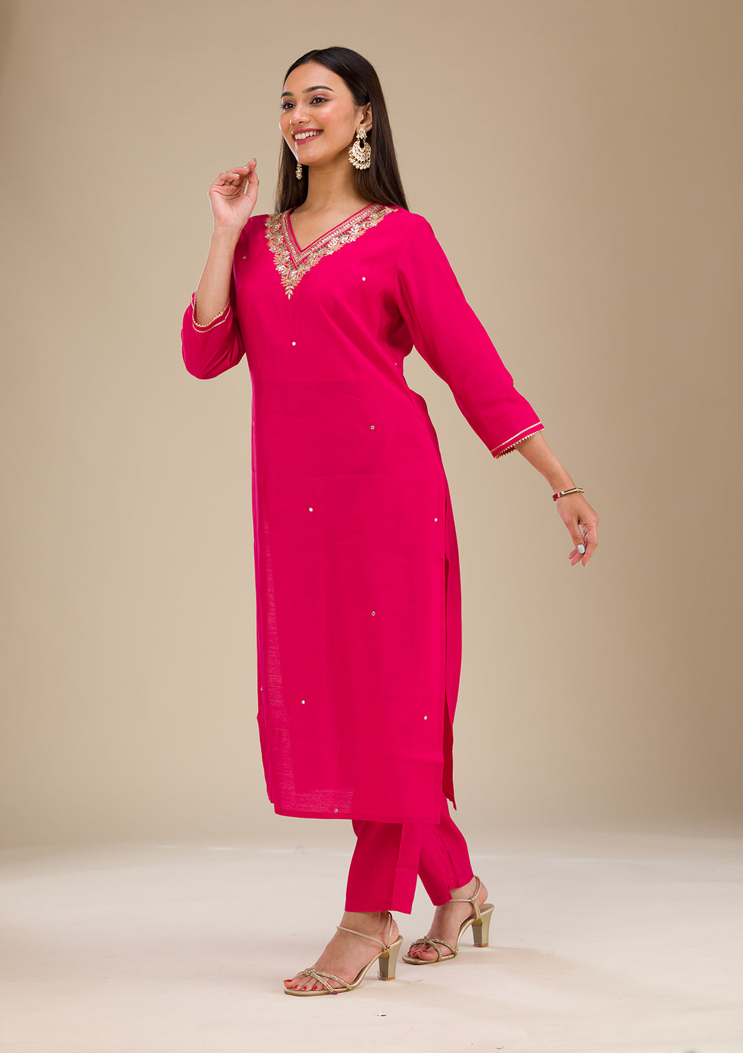 Rani Pink Zariwork Semi Crepe Readymade Salwar Suit