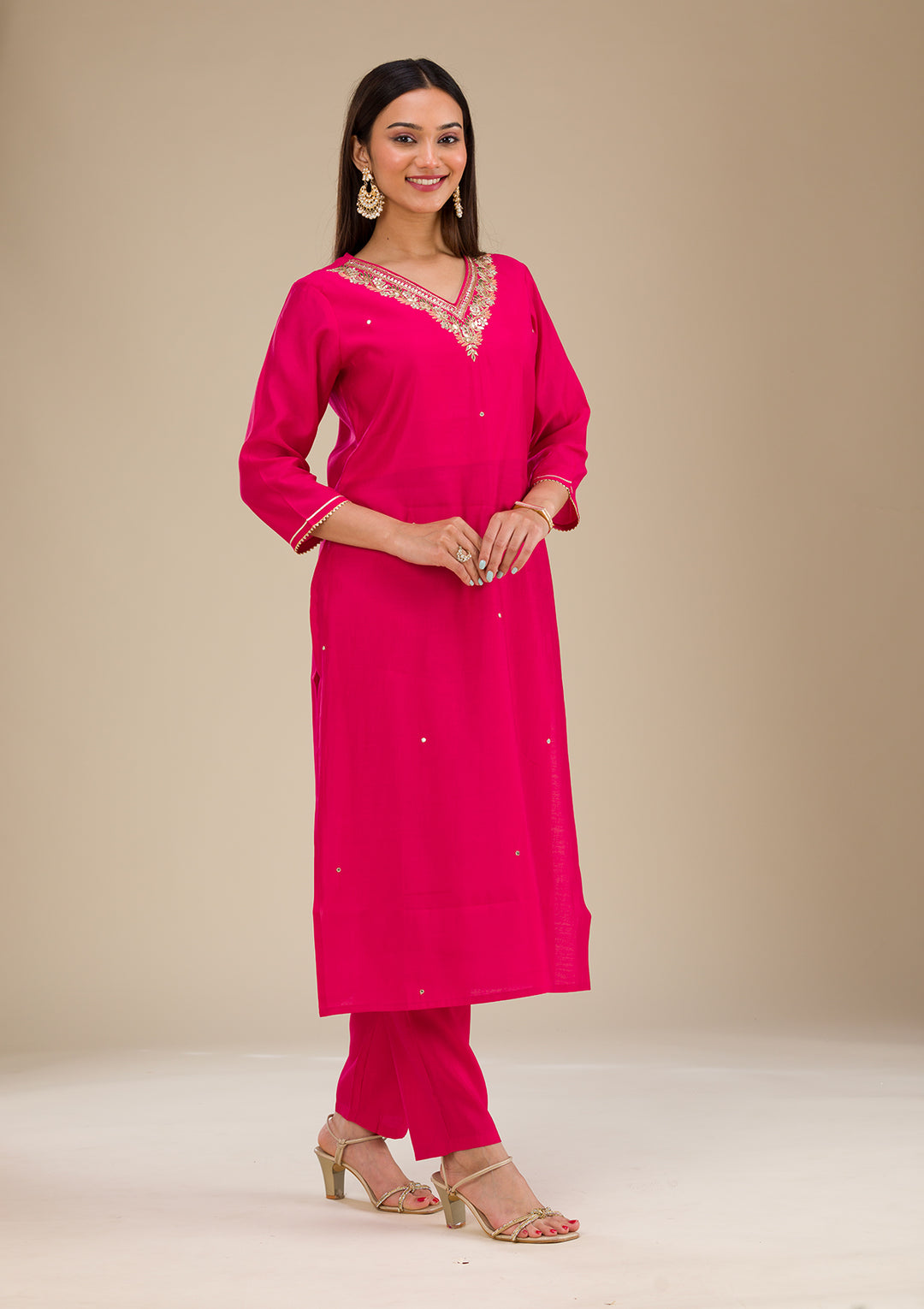 Rani Pink Zariwork Semi Crepe Readymade Salwar Suit