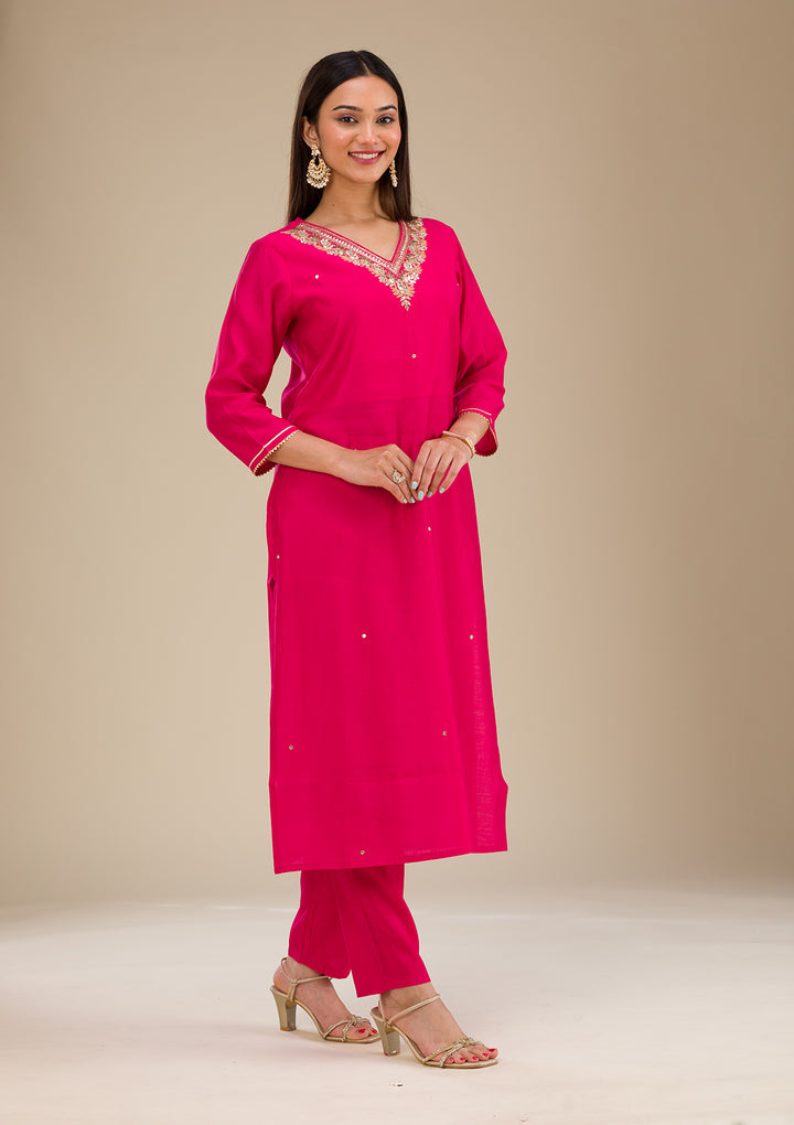 Rani Pink Zariwork Semi Crepe Readymade Salwar Suit