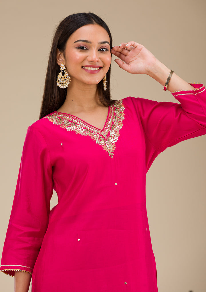 Rani Pink Zariwork Semi Crepe Readymade Salwar Suit