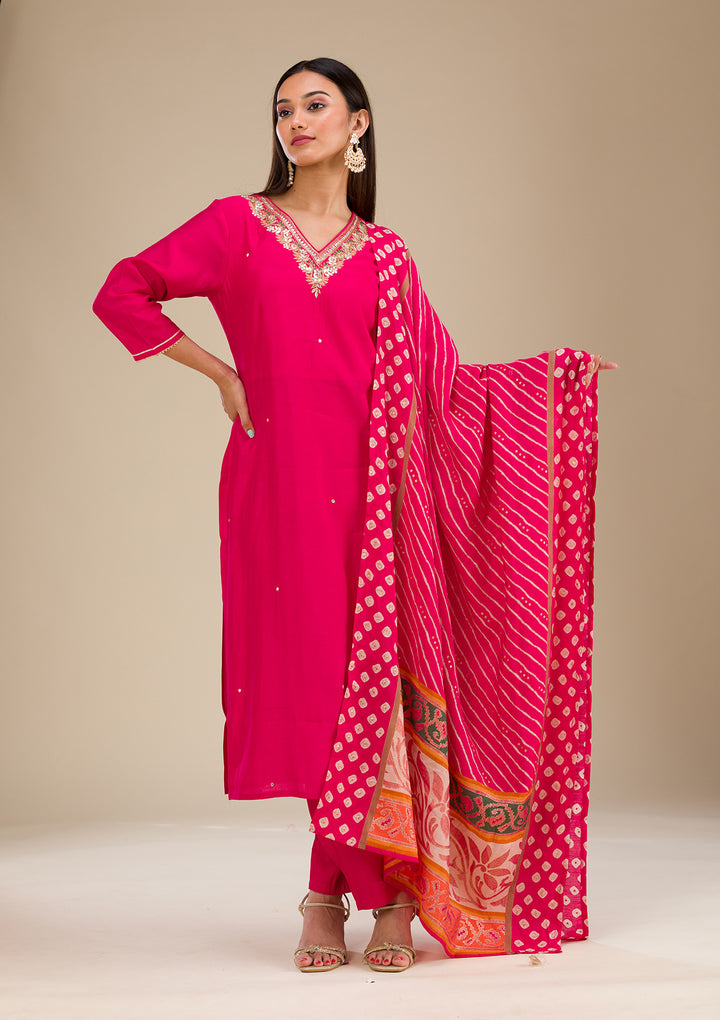 Rani Pink Zariwork Semi Crepe Readymade Salwar Suit