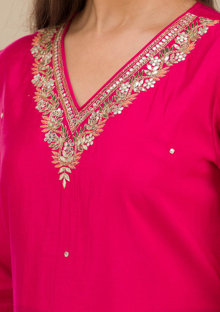Rani Pink Zariwork Semi Crepe Readymade Salwar Suit