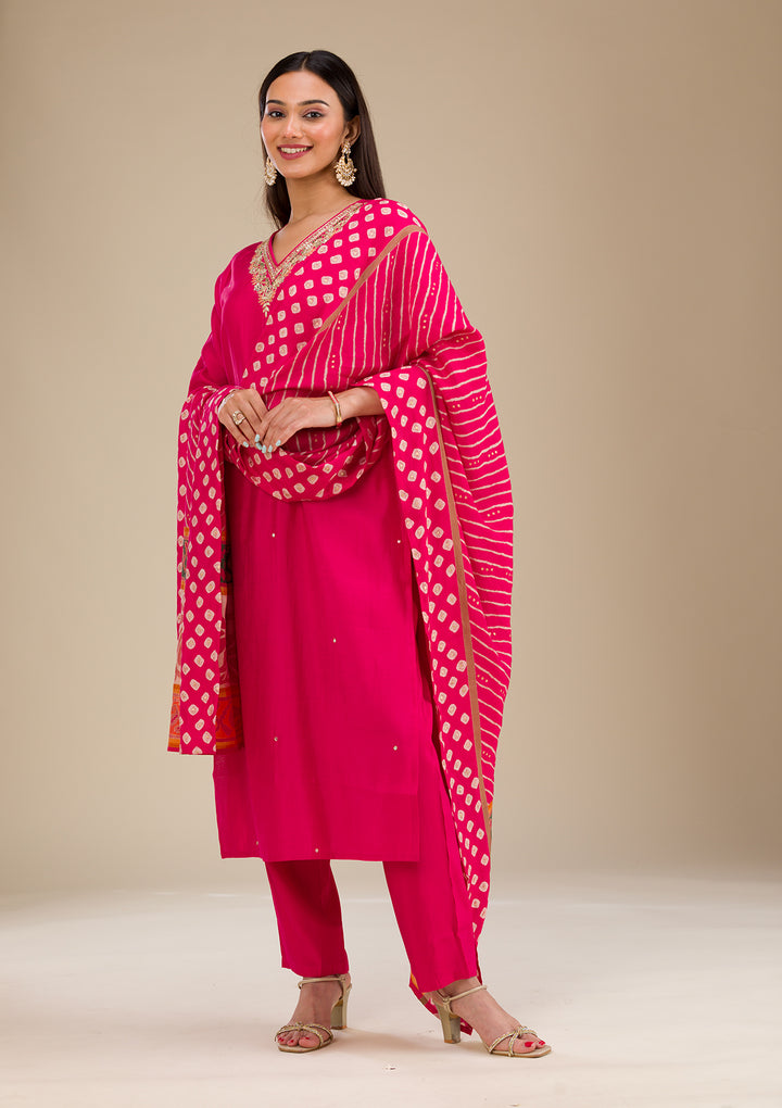 Rani Pink Zariwork Semi Crepe Readymade Salwar Suit