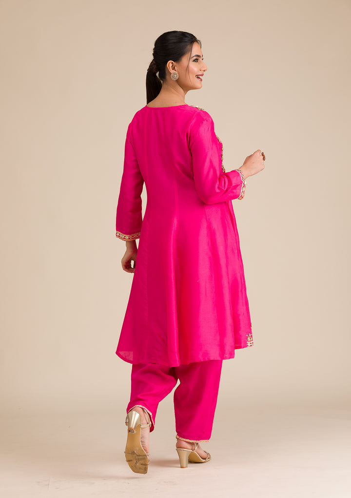 Rani Pink Zariwork Semi Crepe Readymade Salwar Suit