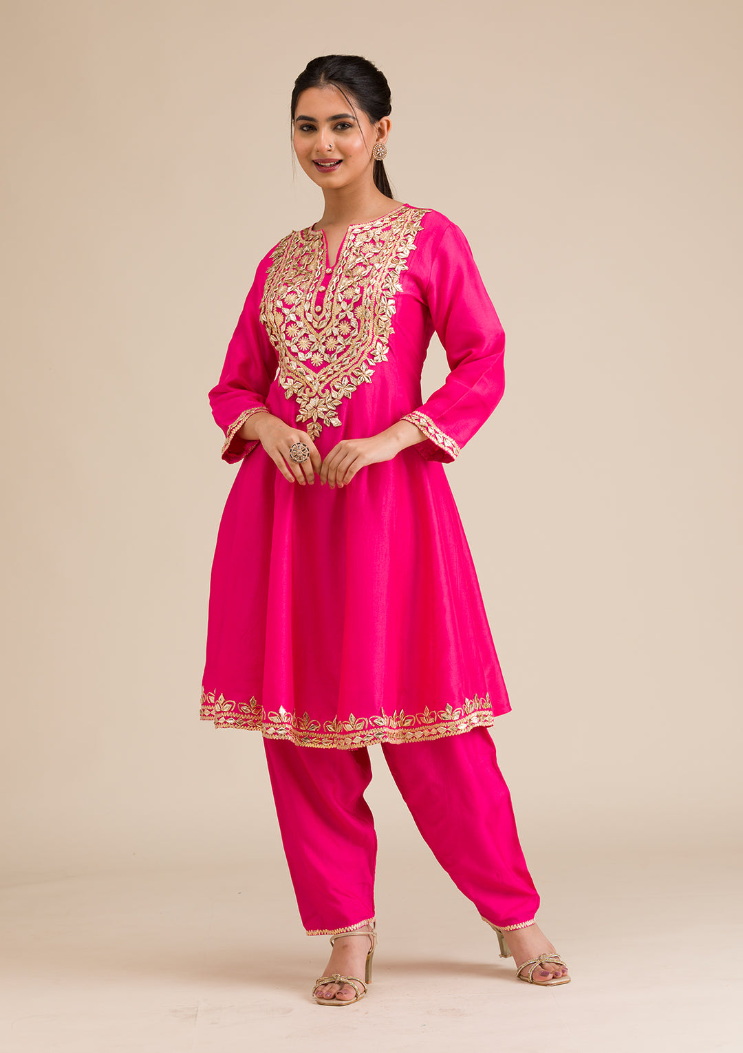Rani Pink Zariwork Semi Crepe Readymade Salwar Suit