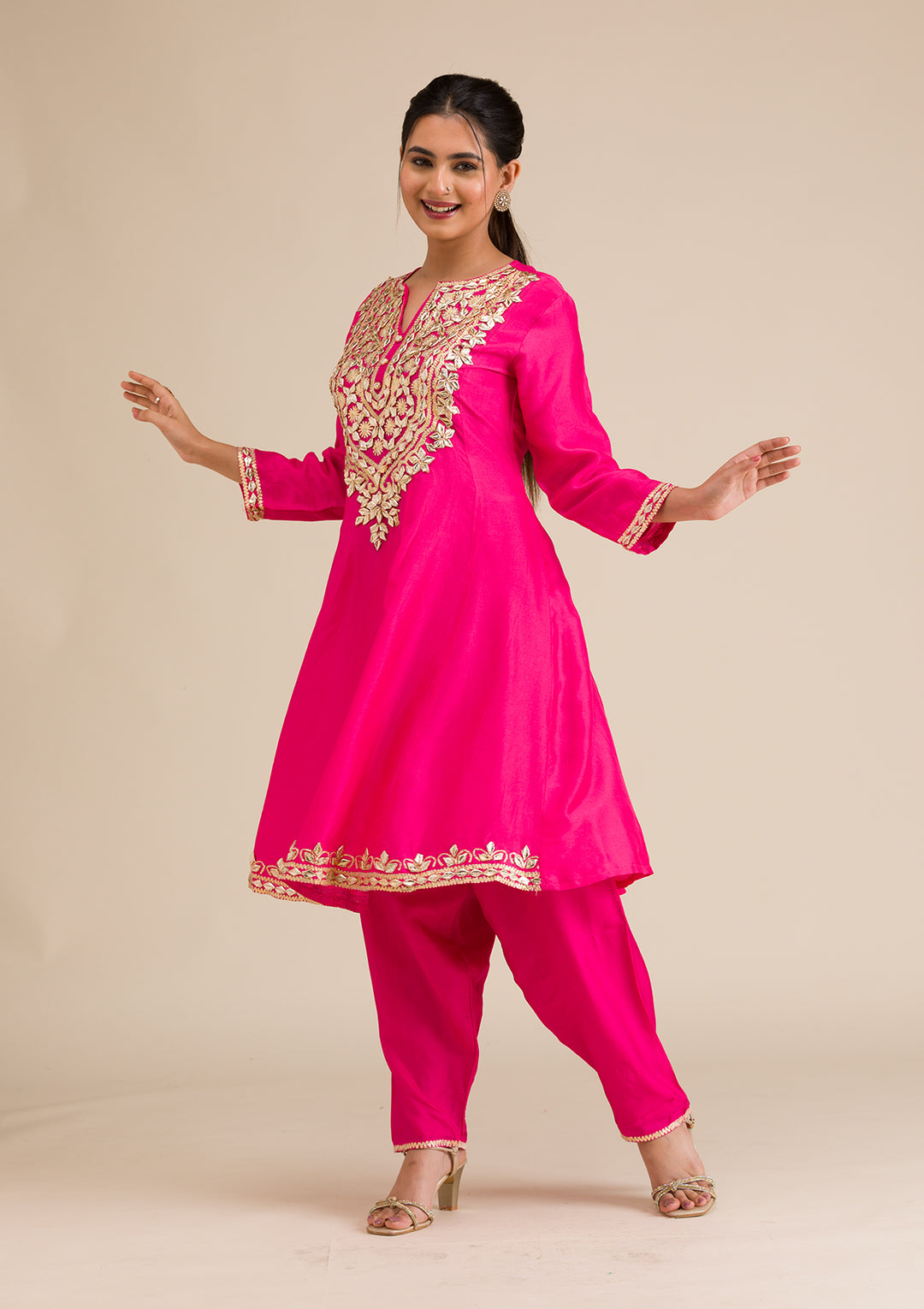 Rani Pink Zariwork Semi Crepe Readymade Salwar Suit