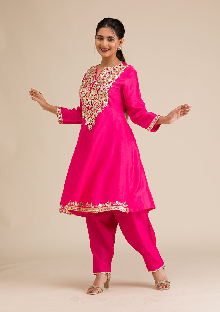 Rani Pink Zariwork Semi Crepe Readymade Salwar Suit