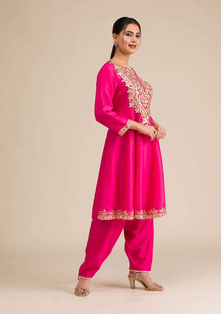 Rani Pink Zariwork Semi Crepe Readymade Salwar Suit