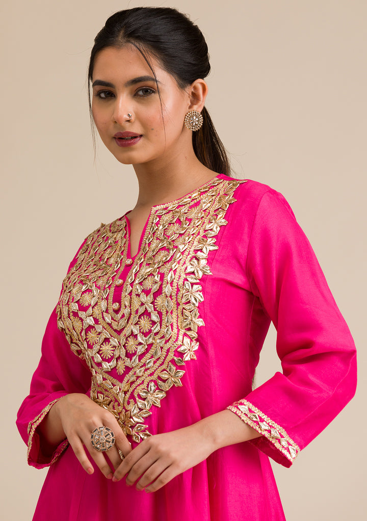 Rani Pink Zariwork Semi Crepe Readymade Salwar Suit