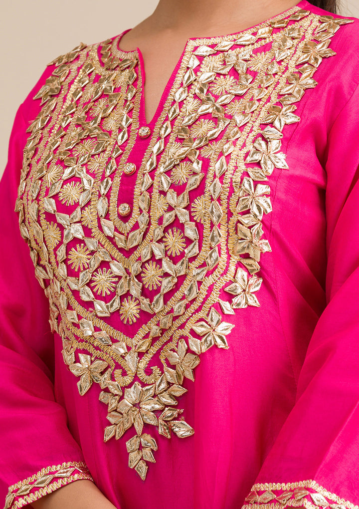 Rani Pink Zariwork Semi Crepe Readymade Salwar Suit
