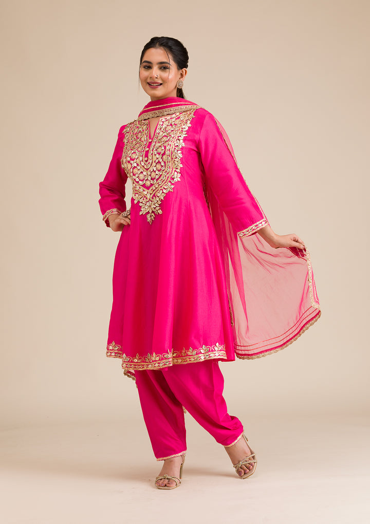 Rani Pink Zariwork Semi Crepe Readymade Salwar Suit