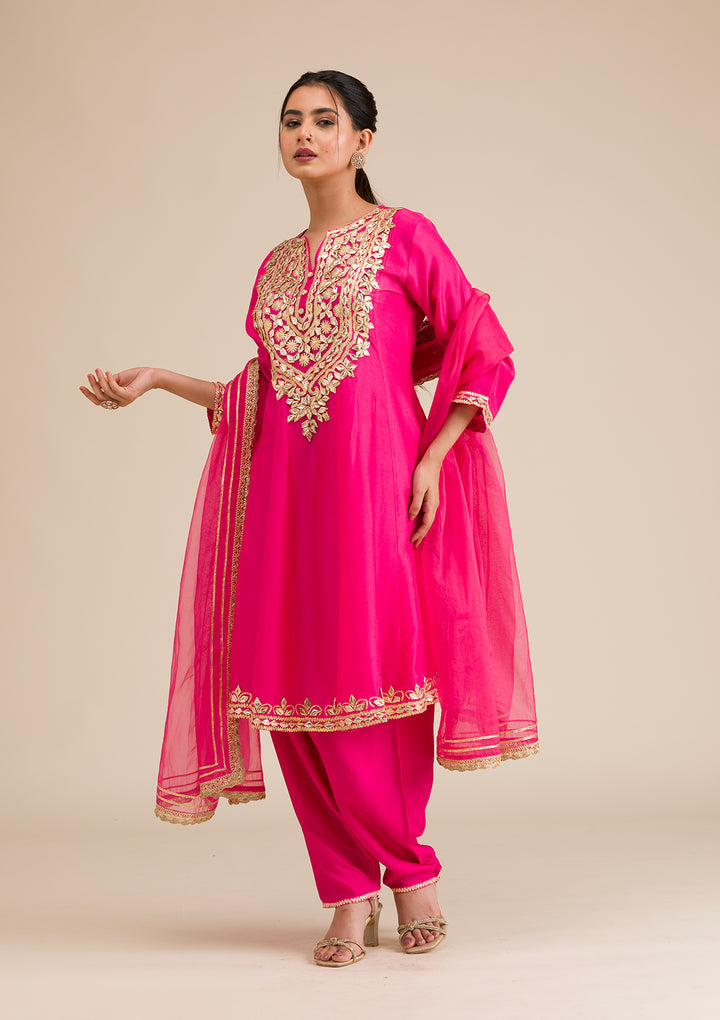 Rani Pink Zariwork Semi Crepe Readymade Salwar Suit
