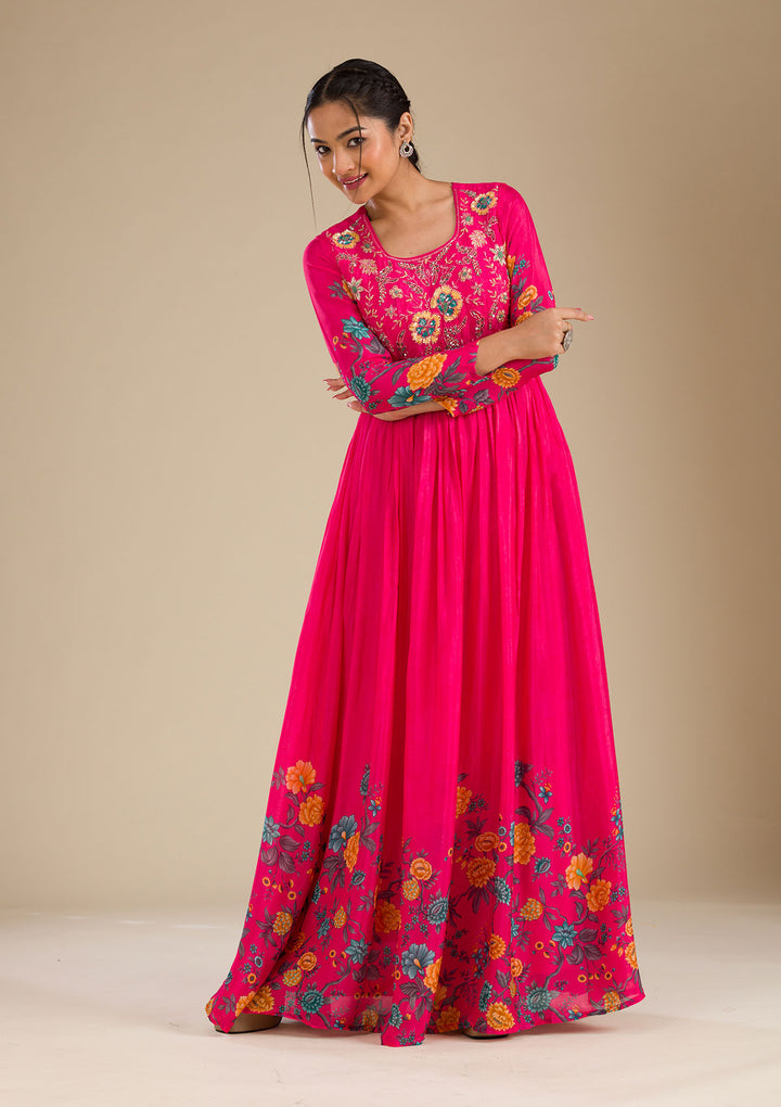 Rani Pink Zariwork Semi Crepe Readymade Salwar Suit