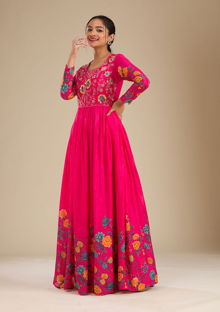 Rani Pink Zariwork Semi Crepe Readymade Salwar Suit
