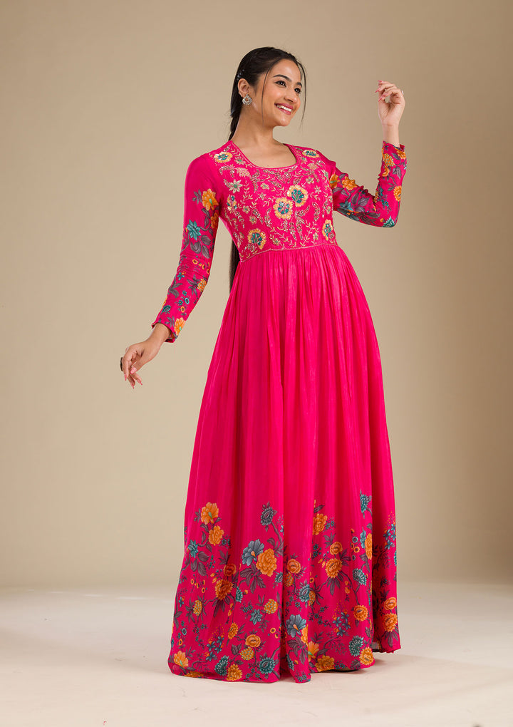 Rani Pink Zariwork Semi Crepe Readymade Salwar Suit