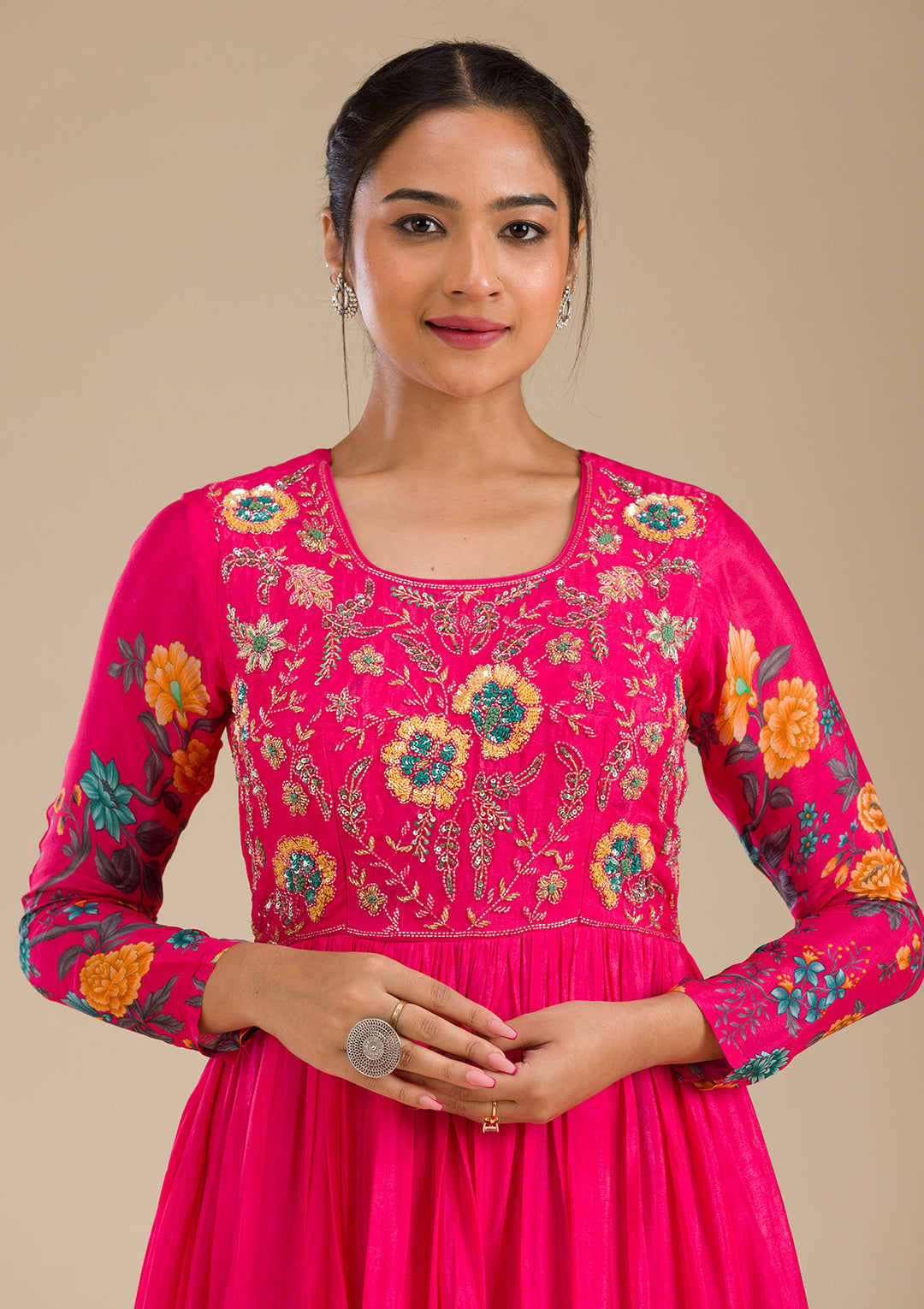 Rani Pink Zariwork Semi Crepe Readymade Salwar Suit