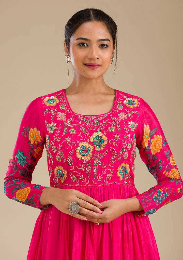 Rani Pink Zariwork Semi Crepe Readymade Salwar Suit