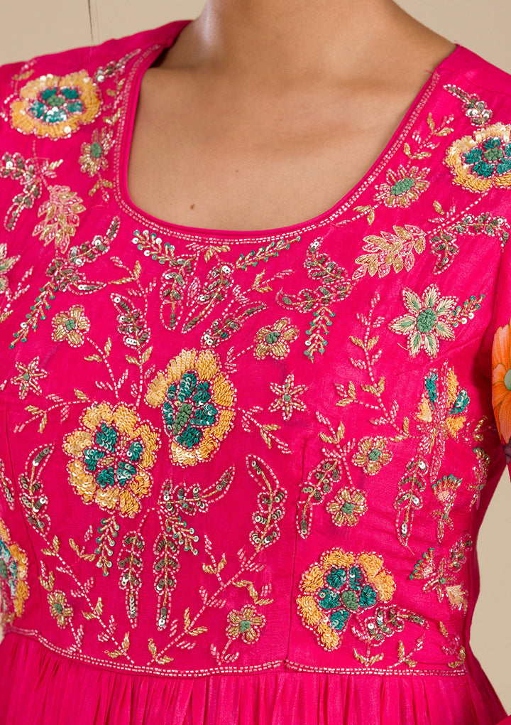 Rani Pink Zariwork Semi Crepe Readymade Salwar Suit