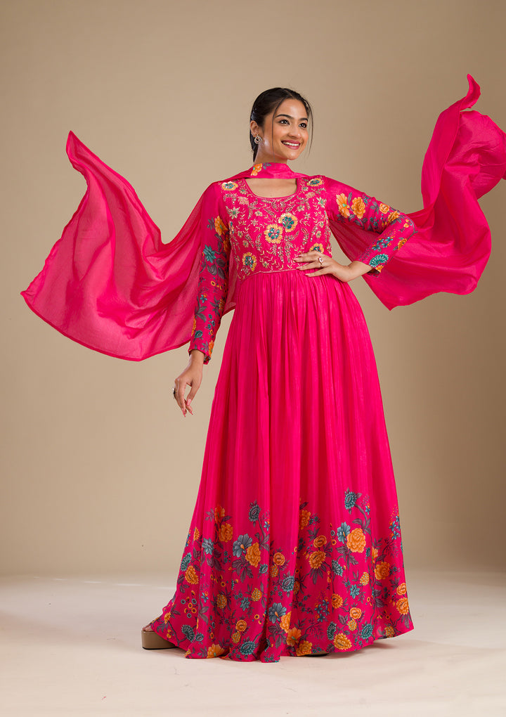Rani Pink Zariwork Semi Crepe Readymade Salwar Suit