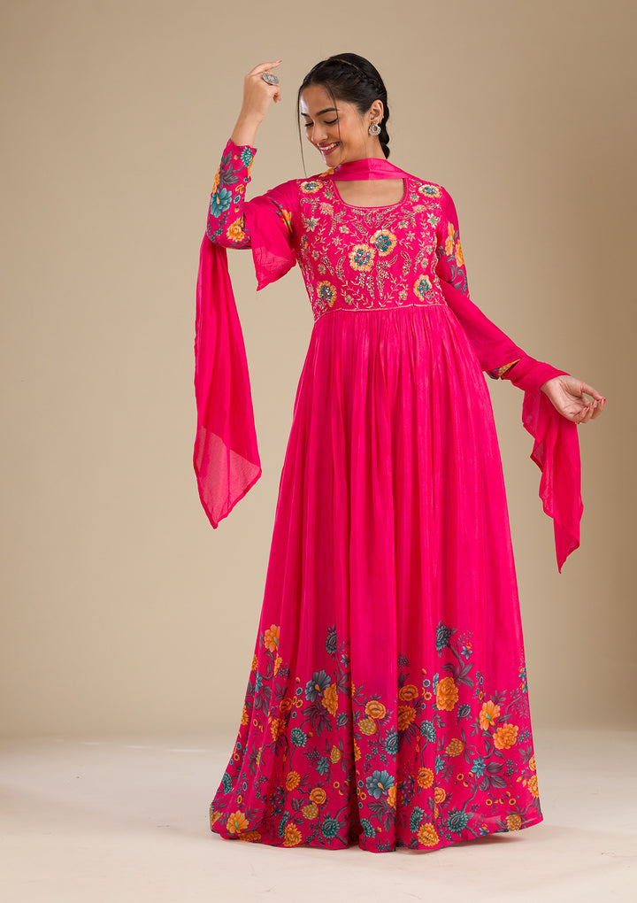 Rani Pink Zariwork Semi Crepe Readymade Salwar Suit