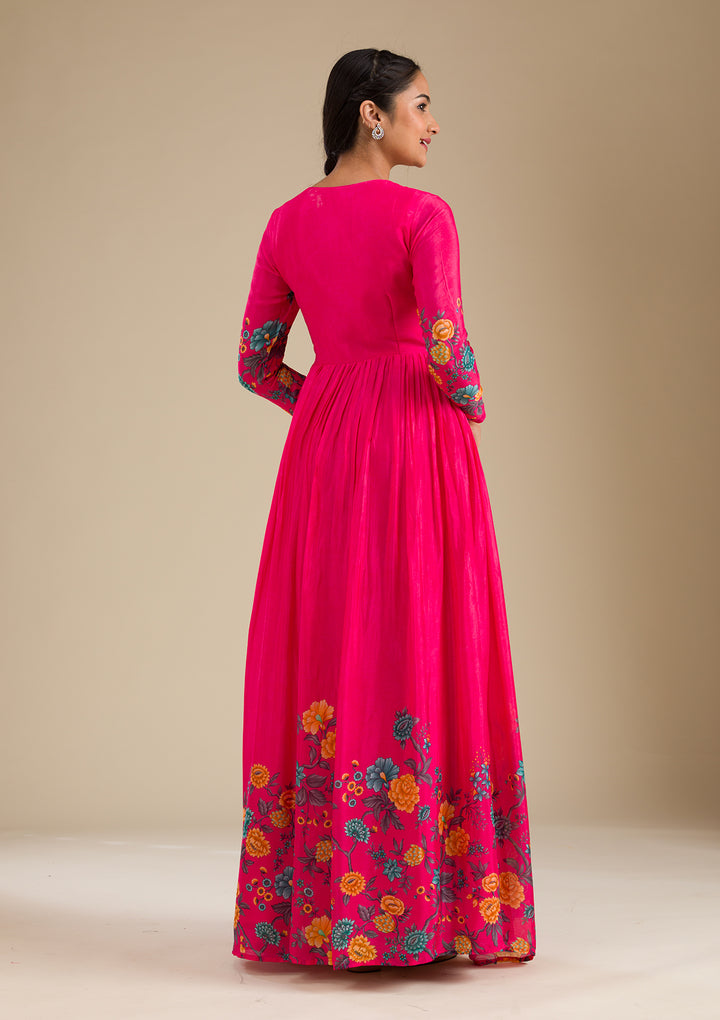 Rani Pink Zariwork Semi Crepe Readymade Salwar Suit