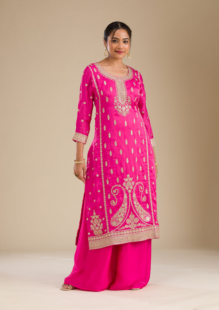 Rani Pink Zariwork Semi Crepe Readymade Salwar Suit