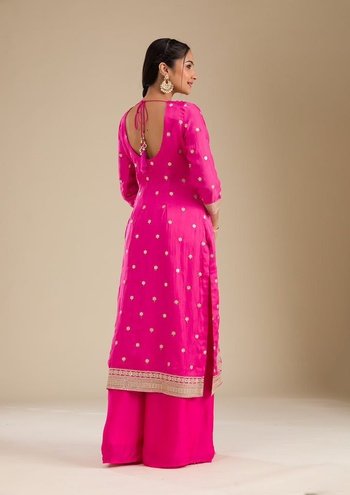 Rani Pink Zariwork Semi Crepe Readymade Salwar Suit
