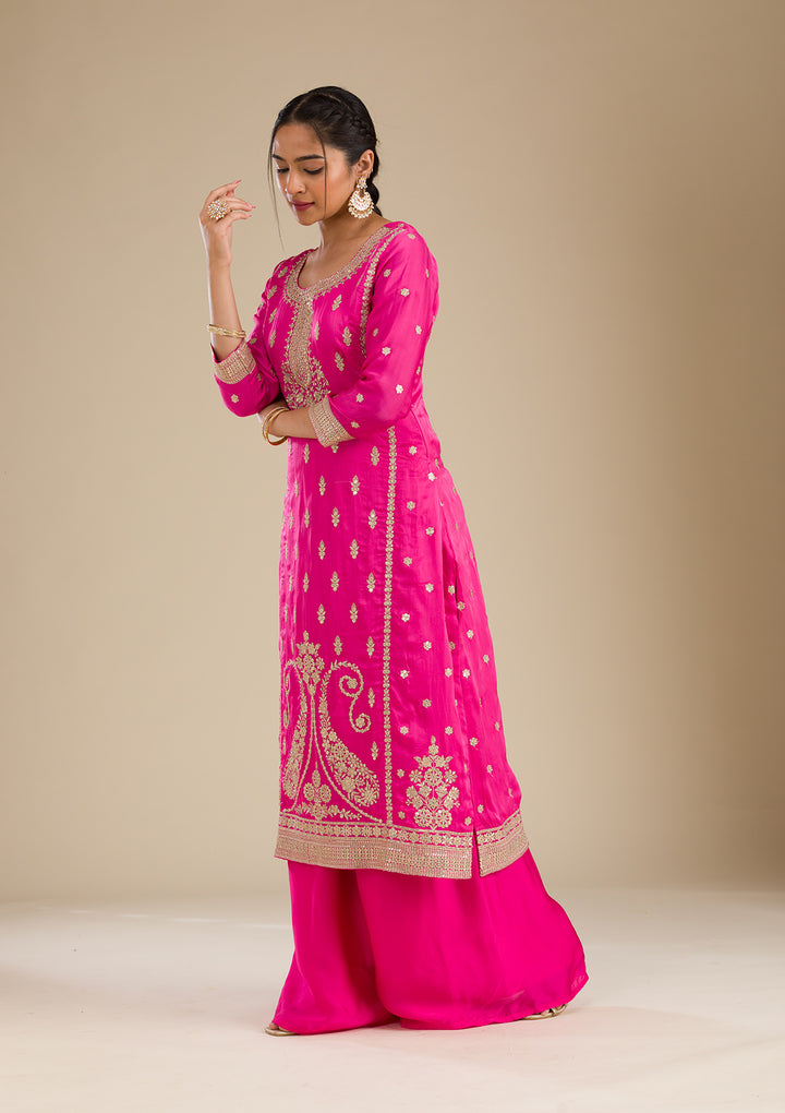 Rani Pink Zariwork Semi Crepe Readymade Salwar Suit