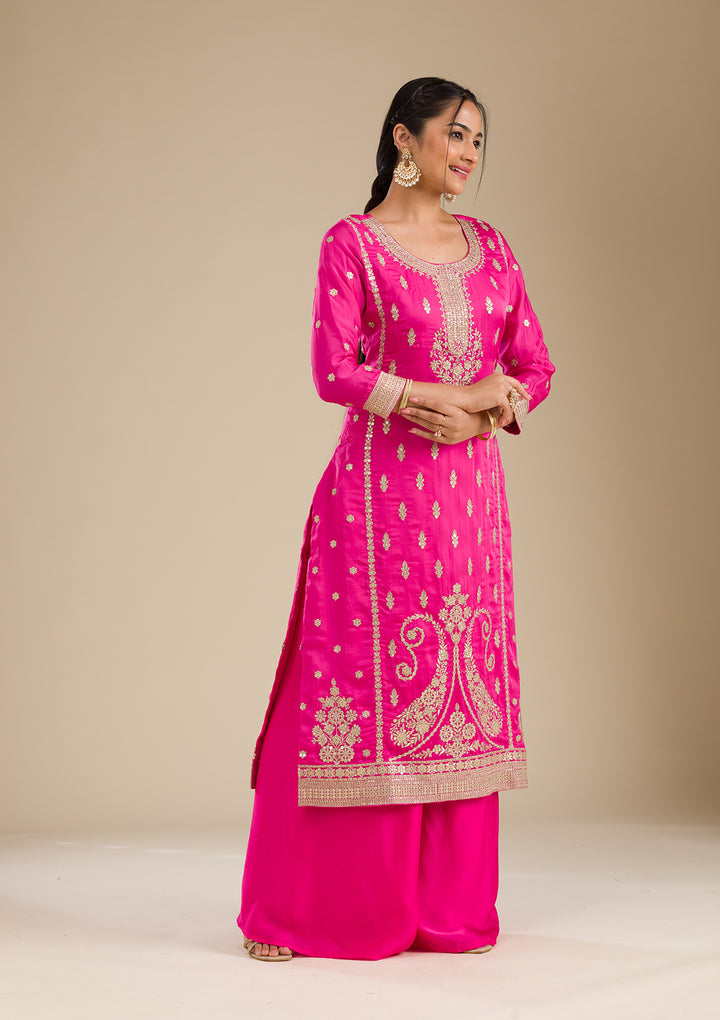 Rani Pink Zariwork Semi Crepe Readymade Salwar Suit